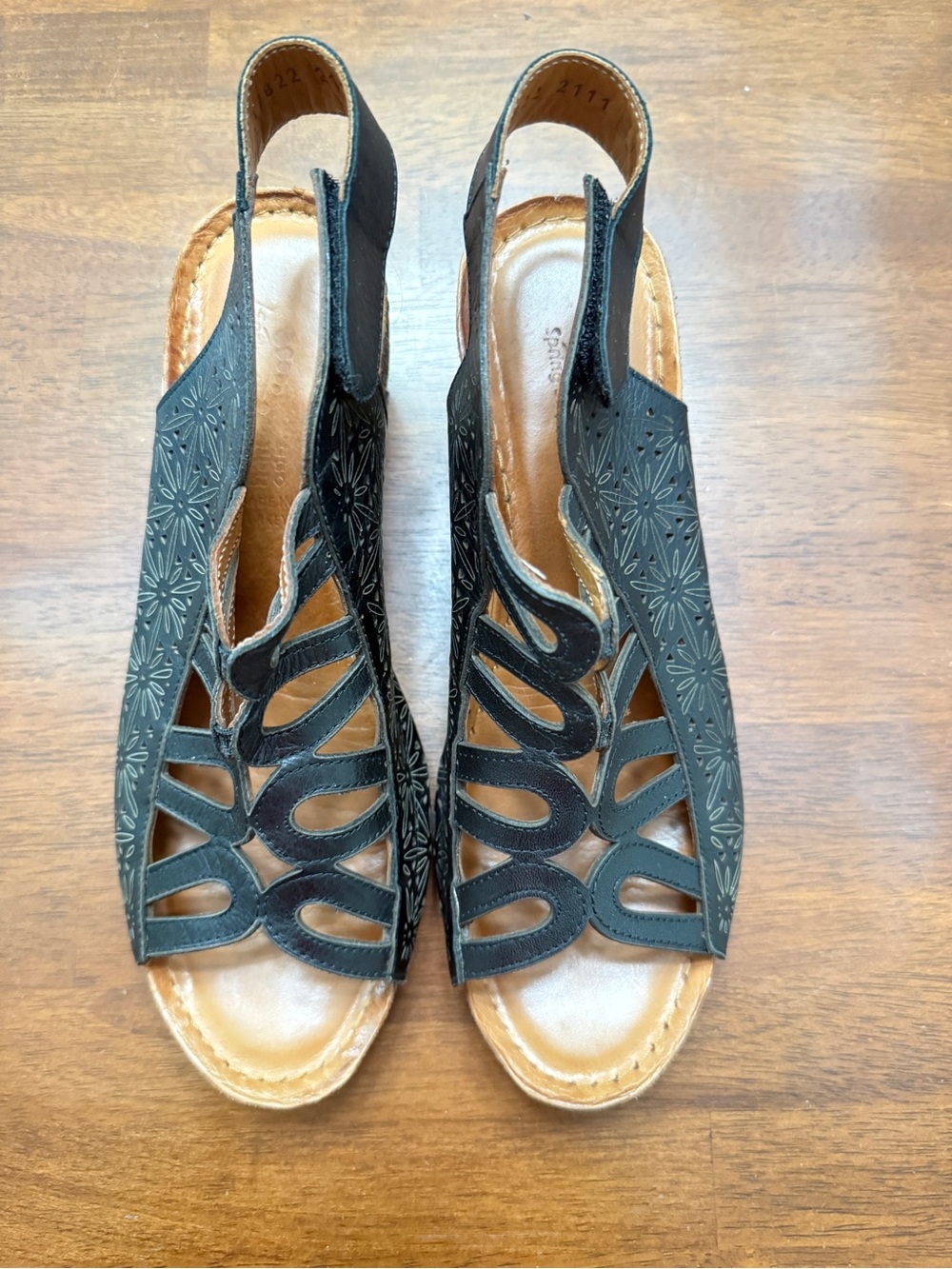 Spring Step Inocencia Black Leather Wedge Sandals. Adjustable 9.5 10 US Euro 4